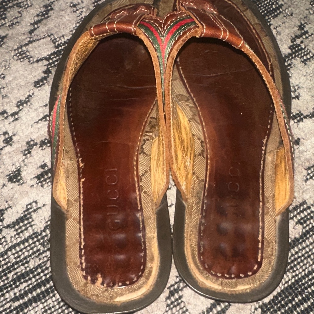 Gucci Brown Leather Sandals with Green and Red Stripes - Picture 5 of 7